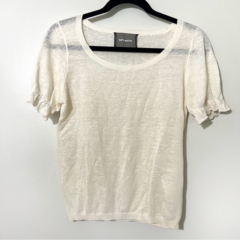 Reformation Sheer Linen Knit Cottage Solid Pullover Top in Ivory Size Small